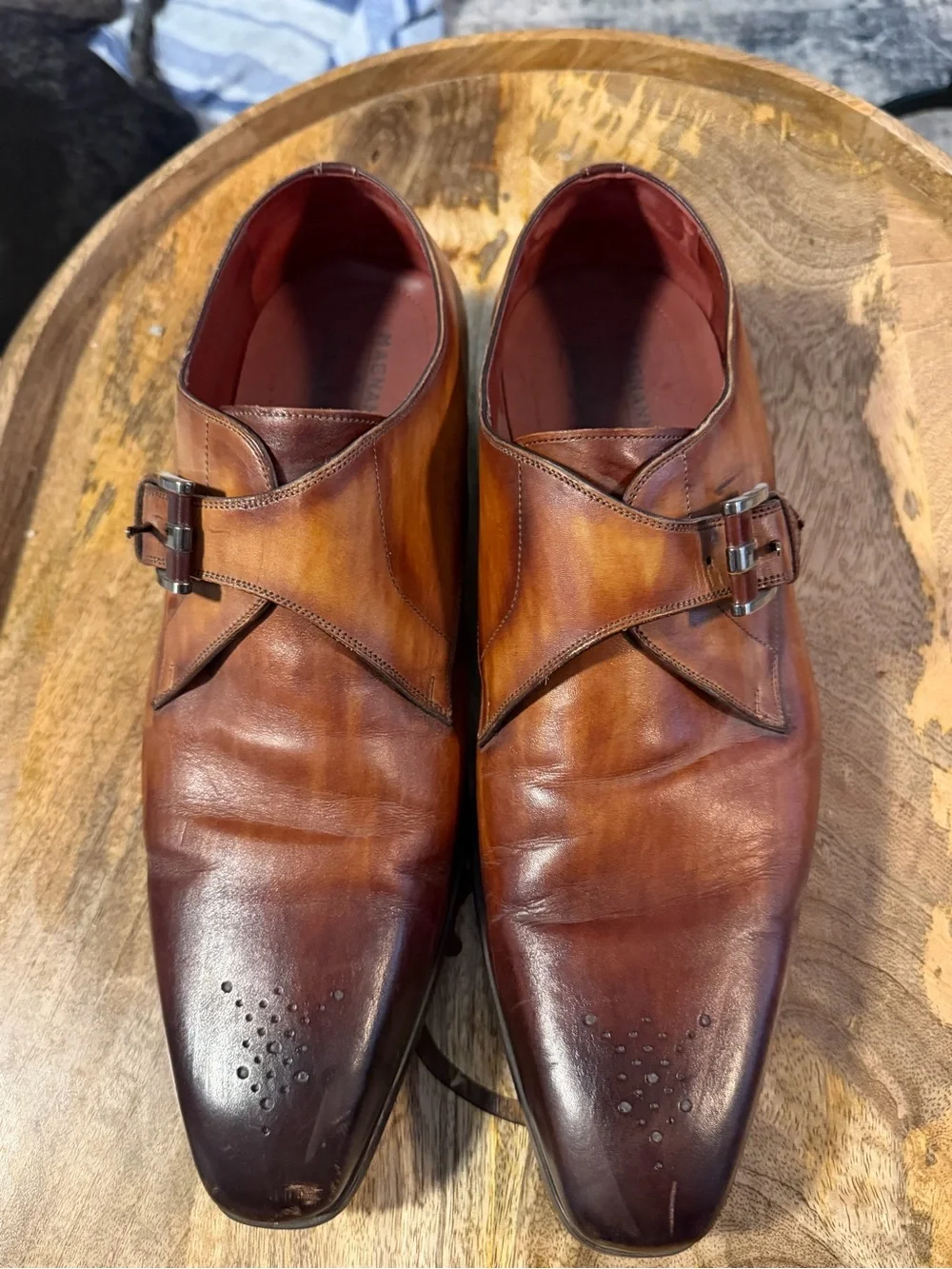 Magnanni Burnished Tan Leather Single Monk Strap Shoes. Neiman Marcus